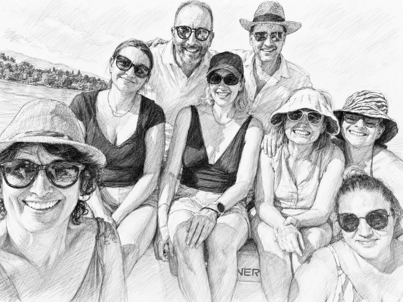 Drawing of the practice team, the two orthodontists and their assistants, on a boat outing on Lake Geneva